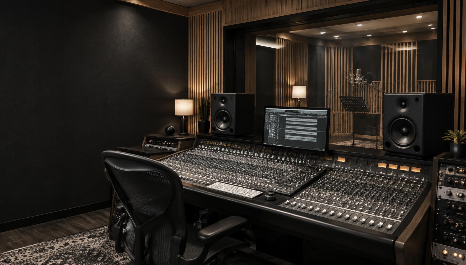 Mixing console and speakers in a recording studio